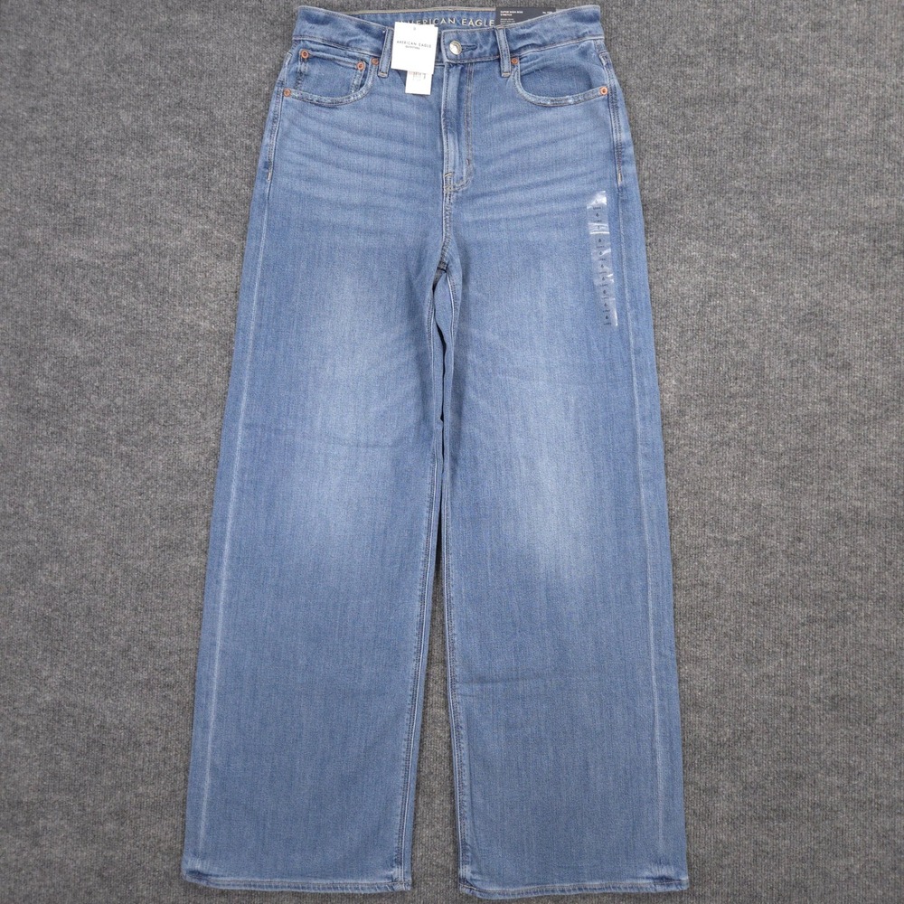 American Eagle Dreamy Drape Baggy Wide Leg Jeans Womens 6 Tall Blue Stretch NEW